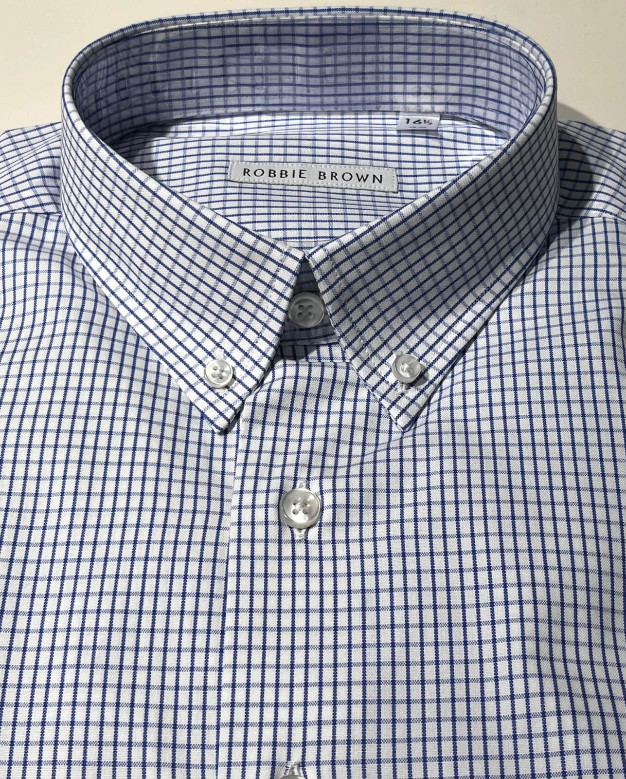 White Oxford Cloth, Button-down Collar, with Blue Check 1 White Oxford Cloth, Button-down Collar, with Blue Check